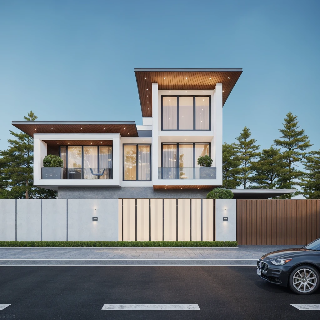 PLATFORM KTHOUSE, 1 morden villa,1large yard, 1 road runs in front of the house, (RAW photo, real, best quality, masterpiece:1.2), look morden minimalist, 1 road in front of the house, dynamic lighting:1.3, (hyper realistic, photo-realistic:1.2), high quality, (dark lighting:1.2), perfect lighting, archdaily, no human, light at 12 noon, light in door:1.2