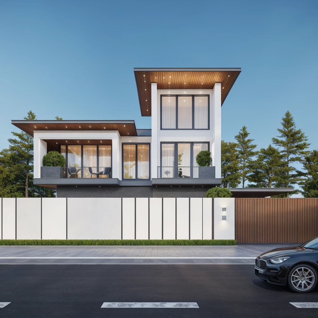PLATFORM KTHOUSE, 1 morden villa,1large yard, 1 road runs in front of the house, (RAW photo, real, best quality, masterpiece:1.2), look morden minimalist, 1 road in front of the house, dynamic lighting:1.3, (hyper realistic, photo-realistic:1.2), high quality, (dark lighting:1.2), perfect lighting, archdaily, no human, light at 12 noon, light in door:1.2