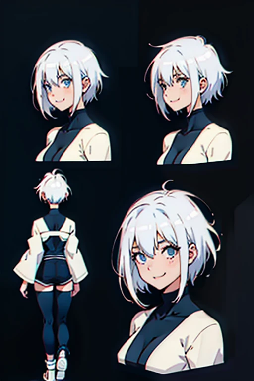 Girl with short white hair small and really skinny, smiling , manga page with panels and dialogue  