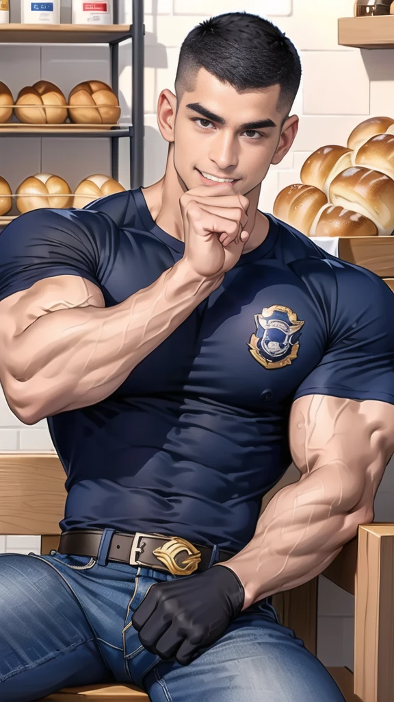 (handsome Man sitting on table eating bread ),(crew cut short hair:1.8),black eye,(Wear a fitted round neck t-shirt in navy with a police badge.:1.5),(fit neck),Navy blue jeans,(black_gloves:1.2), Korean guy,chest muscles,large arm muscles,blood vessel,Big muscles,Broad shoulders, (open mouth:1.2),(face up:1.2),(open eyes:1.5), middle of the road,smile, In the bread shop,