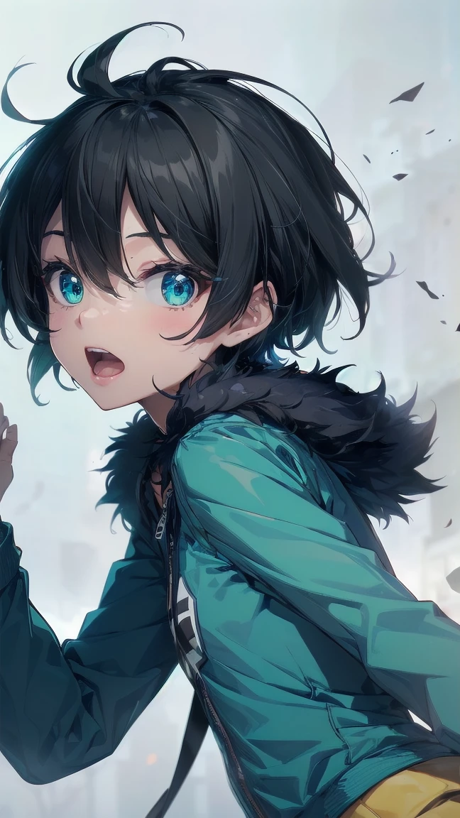 Close-up of a cartoon girl with blue hair and a yellow shirt, 2D Animation, 2D Animation style, 2D Art, 2D Art, 2D from Gorillaz, 2D from Gorillaz, 2D Gorillaz, Screaming Cerket, 2D Sprites, Jinx Face, short hair, Small breasts, hot pants, ((Black Hair, Bright blue fur inside:1.4))