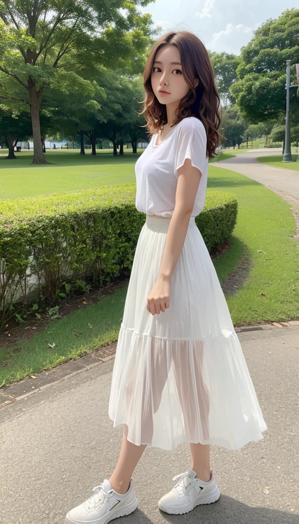 high resolution、Transparency、Woman in white t-shirt、Brown Hair、Curly Hair、Walking through the park in a white flared skirt