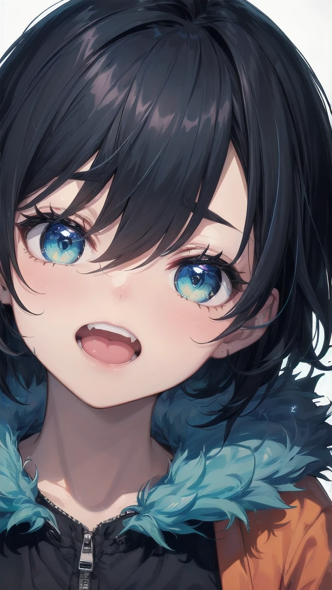 Close-up of a cartoon girl with blue hair and a yellow shirt, 2D Animation, 2D Animation style, 2D Art, 2D Art, 2D from Gorillaz, 2D from Gorillaz, 2D Gorillaz, Screaming Cerket, 2D Sprites, Jinx Face, short hair, Small breasts, hot pants, ((Black Hair, Bright blue fur inside:1.4))