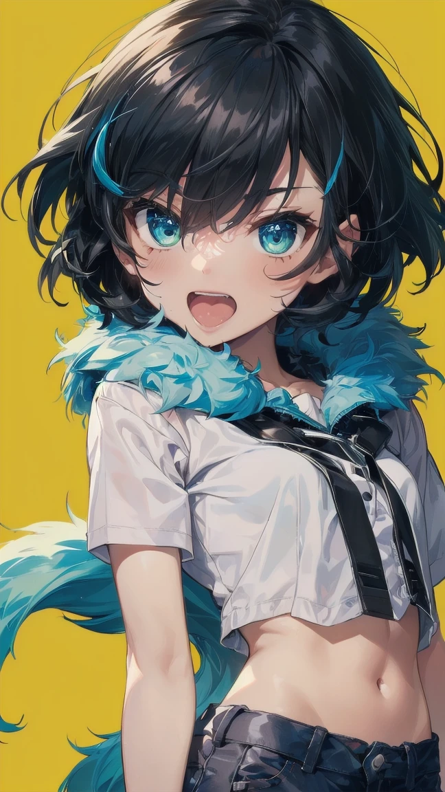 Close-up of a cartoon girl with blue hair and a yellow shirt, 2D Animation, 2D Animation style, 2D Art, 2D Art, 2D from Gorillaz, 2D from Gorillaz, 2D Gorillaz, Screaming Cerket, 2D Sprites, Jinx Face, short hair, Small breasts, hot pants, ((Black Hair, Bright blue fur inside:1.4))
