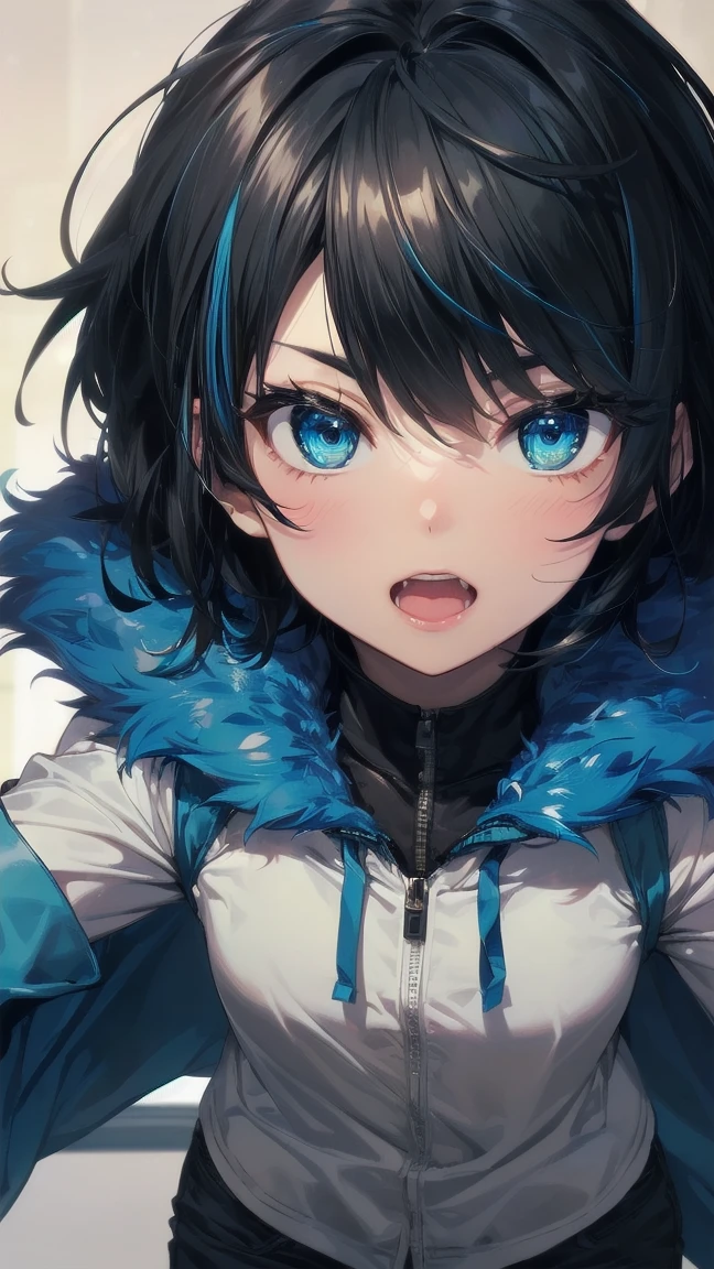 Close-up of a cartoon girl with blue hair and a yellow shirt, 2D Animation, 2D Animation style, 2D Art, 2D Art, 2D from Gorillaz, 2D from Gorillaz, 2D Gorillaz, Screaming Cerket, 2D Sprites, Jinx Face, short hair, Small breasts, hot pants, ((Black Hair, Bright blue fur inside:1.4))