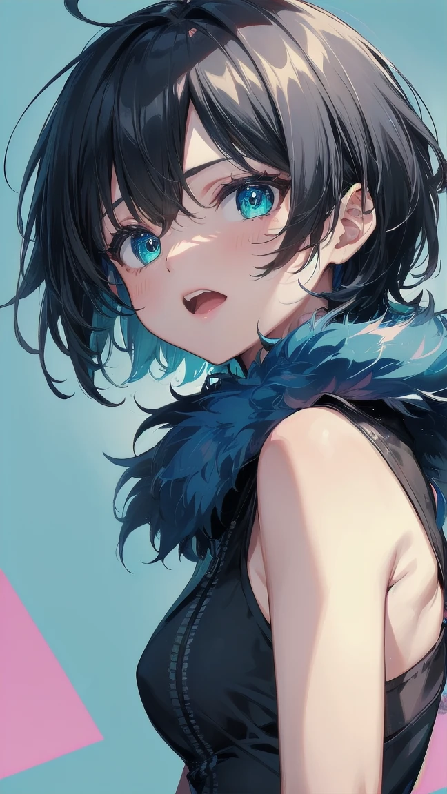 Close-up of a cartoon girl with blue hair and a yellow shirt, 2D Animation, 2D Animation style, 2D Art, 2D Art, 2D from Gorillaz, 2D from Gorillaz, 2D Gorillaz, Screaming Cerket, 2D Sprites, Jinx Face, short hair, Small breasts, hot pants, ((Black Hair, Bright blue fur inside:1.4))