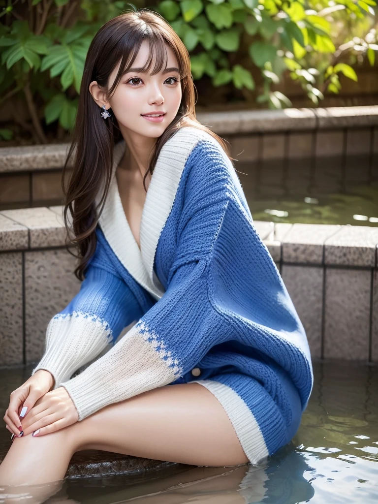 (masterpiece:1.3), High resolution, Super detailed, Highly detailed CG Unity 8k wallpaper, Realistic, photo-Realistic, RAW Photos, (Beautifully detailed face), Pale skin, Realistic skin, Detailed cloth texture, Detailed hair texture, Perfect body, Beautiful Face, Accurate, Anatomically correct, Highly detailed face and skin texture, Natural neck length, (Beautiful Hands), (Fair skin:1.2), Thin legs, Thin legs, Sexy thighs,
break,
(Beautiful attention to detail), Symmetrical eyes, Brown eyes, double eyelid, Thin eyebrows, (Glossy Lips:1.4), (Cute smile:1.2),
break,
(Very cute girl:1.3), ((She is wearing a long white knitted coat over a royal blue sweater:1.3)), (Denim hot pants:1.2), (barefoot),
Medium large breasts, (Hard chest, Shapely breasts, Slim figure:1.1),
(Dark brown hair, Wavy Hair), ((Medium Hair:1.2)), ((Side-swept bangs:1.2)),
break,
((sitting on a bench with one's feet in a footbath:1.3)),
((Japanese「Hakone」At the open-air foot bath:1.2)), (Upper Body Shot:1.2), (People looking up:1.2), (From the side:1.1),
