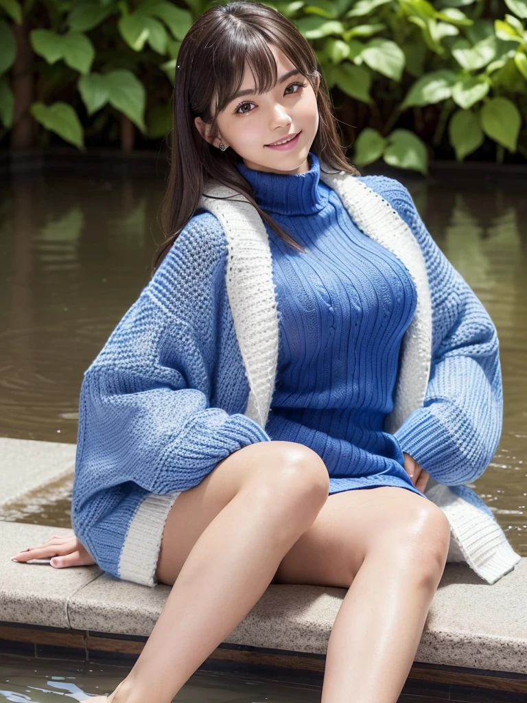 (masterpiece:1.3), High resolution, Super detailed, Highly detailed CG Unity 8k wallpaper, Realistic, photo-Realistic, RAW Photos, (Beautifully detailed face), Pale skin, Realistic skin, Detailed cloth texture, Detailed hair texture, Perfect body, Beautiful Face, Accurate, Anatomically correct, Highly detailed face and skin texture, Natural neck length, (Beautiful Hands), (Fair skin:1.2), Thin legs, Thin legs, Sexy thighs, 
break, 
(Beautiful attention to detail), Symmetrical eyes, Brown eyes, double eyelid, Thin eyebrows, (Glossy Lips:1.4), (Cute smile:1.2), 
break, 
(Very cute girl:1.3), ((She is wearing a long white knitted coat over a royal blue sweater:1.3)), (Denim hot pants:1.2), (barefoot), 
Medium large breasts, (Hard chest, Shapely breasts, Slim figure:1.1), 
(Dark brown hair, Wavy Hair), ((Medium Hair:1.2)), ((Side-swept bangs:1.2)), 
break, 
((sitting on a bench with one&#39;s feet in a footbath:1.3)), 
((Japanese「Hakone」At the open-air foot bath:1.2)), (Upper Body Shot:1.2), (People looking up:1.2), (From the side:1.1),