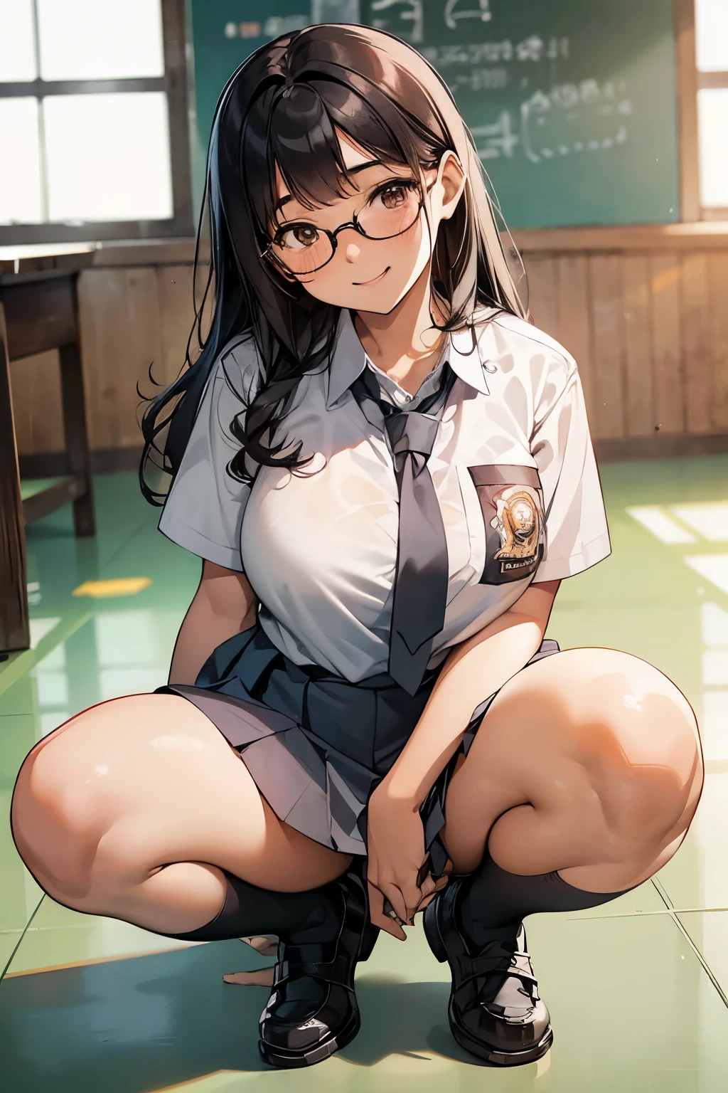 1 woman, ************, black curly hair, plump body, brown eyes, Indonesian high-school uniform, wearing glasses, white shirt, osis logo on shirt pocket, natural big breasts, light-grey pleated skirt, squat pose, full body shot, smiling, in the classroom.