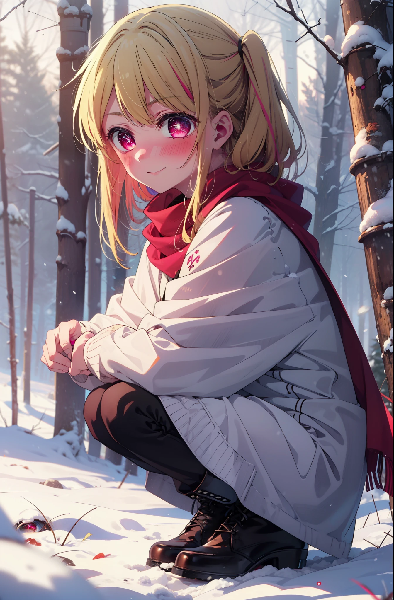 rubyhoshino, Hoshino Ruby, Long Hair, bangs, Blonde, (Pink Eyes:1.3), Side Lock, (Symbol-shaped pupil:1.5), Multicolored Hair, Two-tone hair, smile,,smile,blush,White Breath,
Open your mouth,snow,Ground bonfire, Outdoor, boots, snowing, From the side, wood, suitcase, Cape, Blurred, , forest, White handbag, nature,  Squat, Mouth closed, Cape, winter, Written boundary depth, Black shoes, red Cape break looking at viewer, Upper Body, whole body, break Outdoor, forest, nature, break (masterpiece:1.2), Highest quality, High resolution, unity 8k wallpaper, (shape:0.8), (Beautiful and beautiful eyes:1.6), Highly detailed face, Perfect lighting, Highly detailed CG, (Perfect hands, Perfect Anatomy),