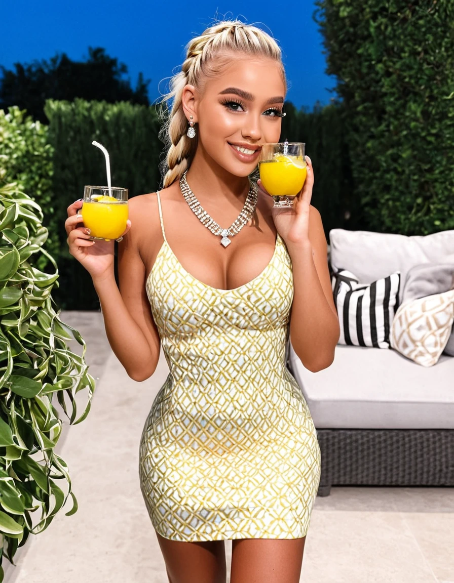 (best quality,4k,highres, highres face details), blonde long braided hair, 18 years old, instagram model, 36DD fake breast, fake lashes, fake lips, dark makeup, perfect skin, dark tan skin, she is skinny, she is caucasian, she is wearing a skim dress, diamond belly piercing, gold necklace, diamond earring, diamond ring, whole body image, taking a pose, posing, no exposed breast, no exposed vagina, night time, cute smile, on the patio, holding a limonade pitcher
