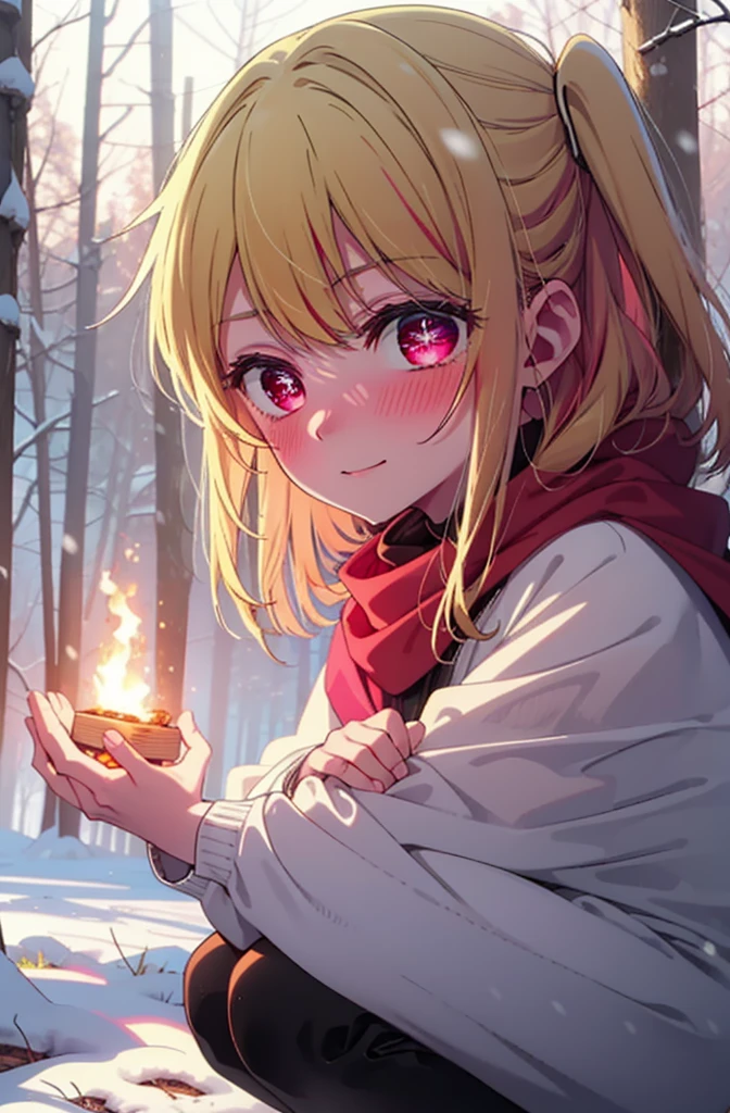 rubyhoshino, Hoshino Ruby, Long Hair, bangs, Blonde, (Pink Eyes:1.3), Side Lock, (Symbol-shaped pupil:1.5), Multicolored Hair, Two-tone hair, smile,,smile,blush,White Breath,
Open your mouth,snow,Ground bonfire, Outdoor, boots, snowing, From the side, wood, suitcase, Cape, Blurred, , forest, White handbag, nature, Squat, Mouth closed, Cape, winter, Written boundary depth, Black shoes, red Cape break looking at viewer, Upper Body, whole body, break Outdoor, forest, nature, break (masterpiece:1.2), Highest quality, High resolution, unity 8k wallpaper, (shape:0.8), (Beautiful and beautiful eyes:1.6), Highly detailed face, Perfect lighting, Highly detailed CG, (Perfect hands, Perfect Anatomy),