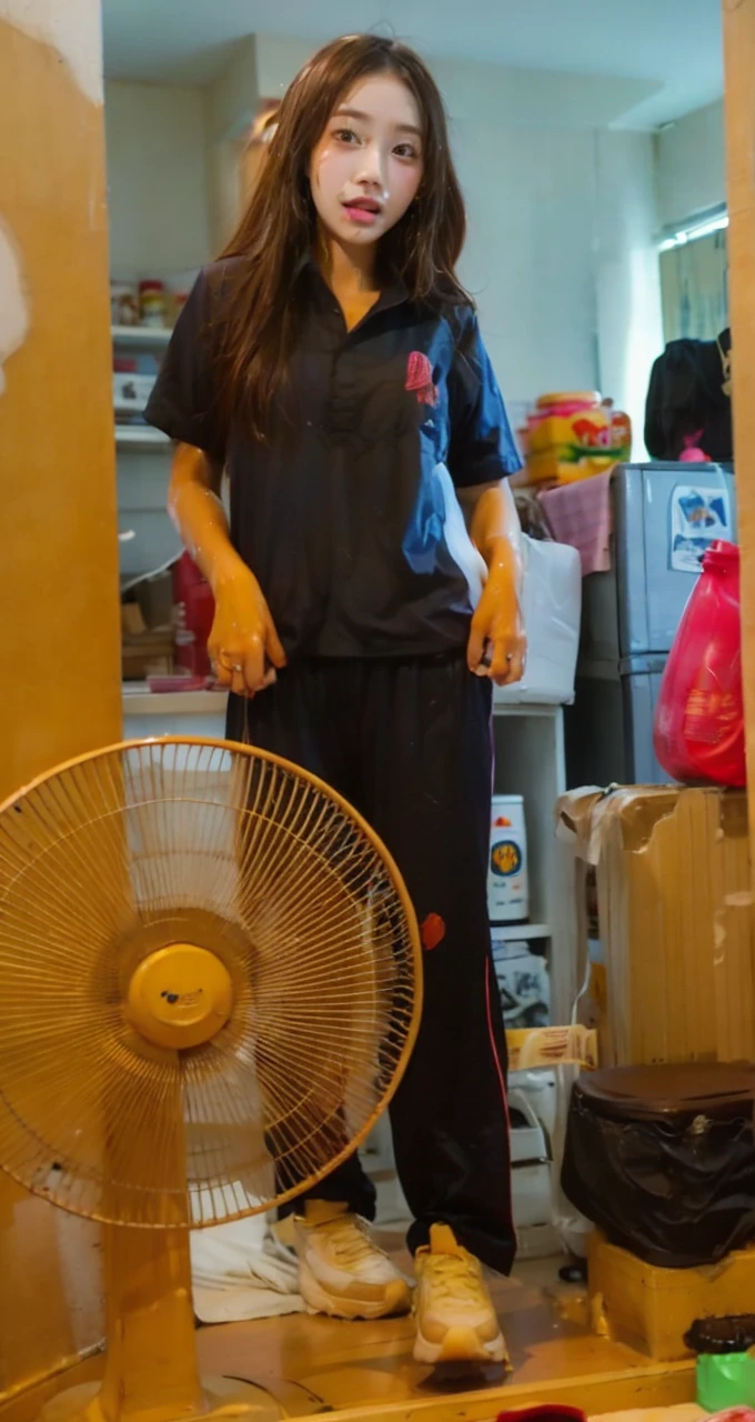 Songkran, wet street , A very realistic girl, wet soaked, drop, wet clothes, wet skin, wet hair, 8k, Masterpiece, realistic, beautiful,purple efficiency,Navy trousers,wet:1.5,dirty white powder