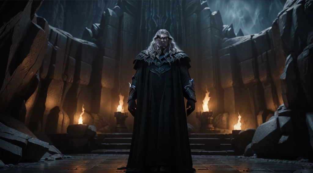 a man in a long black robe standing in a dark cave, return of the king. cinematic, henry cavill as arthas menethil, from warcraft, the allfather, still from a fantasy movie, shadowbringers cinematic, elden ring cinematic lighting, from witcher (2021), blizzard cinematic, the dark lord sauron