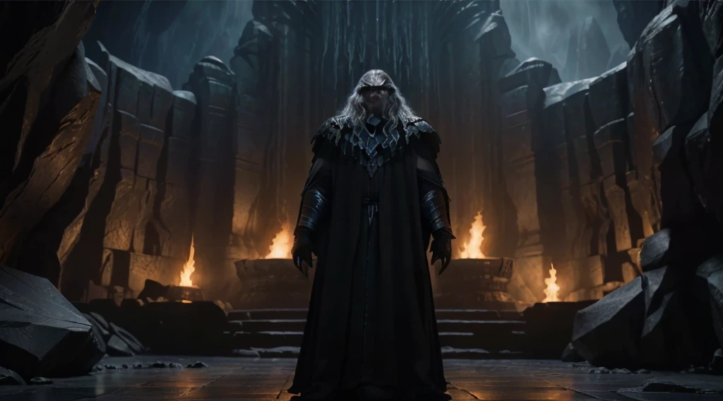 a man in a long black robe standing in a dark cave, return of the king. cinematic, henry cavill as arthas menethil, from warcraft, the allfather, still from a fantasy movie, shadowbringers cinematic, elden ring cinematic lighting, from witcher (2021), blizzard cinematic, the dark lord sauron