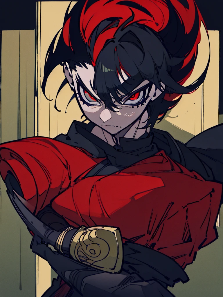 a close up of a person with a sword and a guy with a red dress, handsome guy in demon slayer art, best anime character design, detailed anime character art, anime character; full body art, anime character design a death god, character adoptable, handsome japanese demon boy, bloody + concept art, official character art, onmyoji detailed art, beautiful male god of death a close up of a person in a black dress with a gold belt, flowing white robes, white haired deity, genshin impact character, golden-black robes, picture of a male samurai and death god, d&d dark sun character art, official character art, portrait of ororo munroe, holding a katana, holding a katana, holding a katana, holding a katana, holding a katana, bloody, bloody, bloody, bloody, red and golden effects, red and golden effects, red effects, golden effects,black hair, black hair, black hair, black hair, black hair, golden effects, golden effects, BLUE eyes, BLUE eyes, BLUE eyes, BLUE eyes, badass, badass, badass