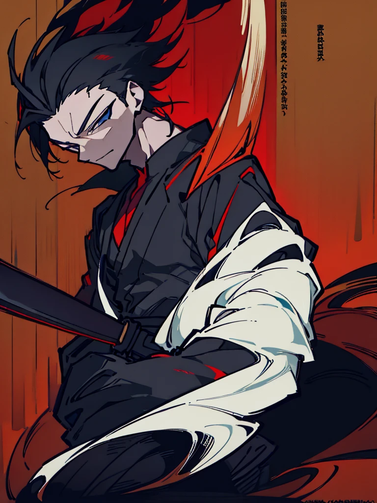 a close up of a person with a sword and a guy with a red dress, handsome guy in demon slayer art, best anime character design, detailed anime character art, anime character; full body art, anime character design a death god, character adoptable, handsome japanese demon boy, bloody + concept art, official character art, onmyoji detailed art, beautiful male god of death a close up of a person in a black dress with a gold belt, flowing white robes, white haired deity, genshin impact character, golden-black robes, picture of a male samurai and death god, d&d dark sun character art, official character art, portrait of ororo munroe, holding a katana, holding a katana, holding a katana, holding a katana, holding a katana, bloody, bloody, bloody, bloody, red and golden effects, red and golden effects, red effects, golden effects,black hair, black hair, black hair, black hair, black hair, golden effects, golden effects, BLUE eyes, BLUE eyes, BLUE eyes, BLUE eyes, badass, badass, badass