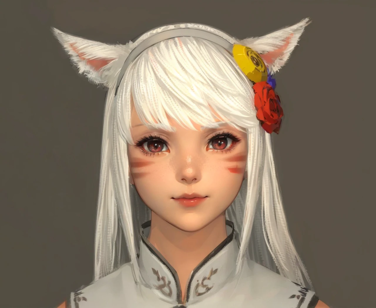 Catgirl, white hair, red lips, (((cat eyes))), two horizontal face clan marks, studio rim lighting, gentle smile, (((kawaiii)))