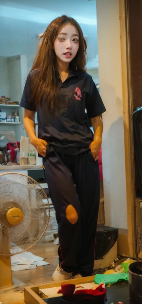 Songkran, wet street , A very realistic girl, wet soaked, drop, wet clothes, wet skin, wet hair, 8k, Masterpiece, realistic, beautiful,purple efficiency,Navy trousers,wet:1.5,dirty white powder