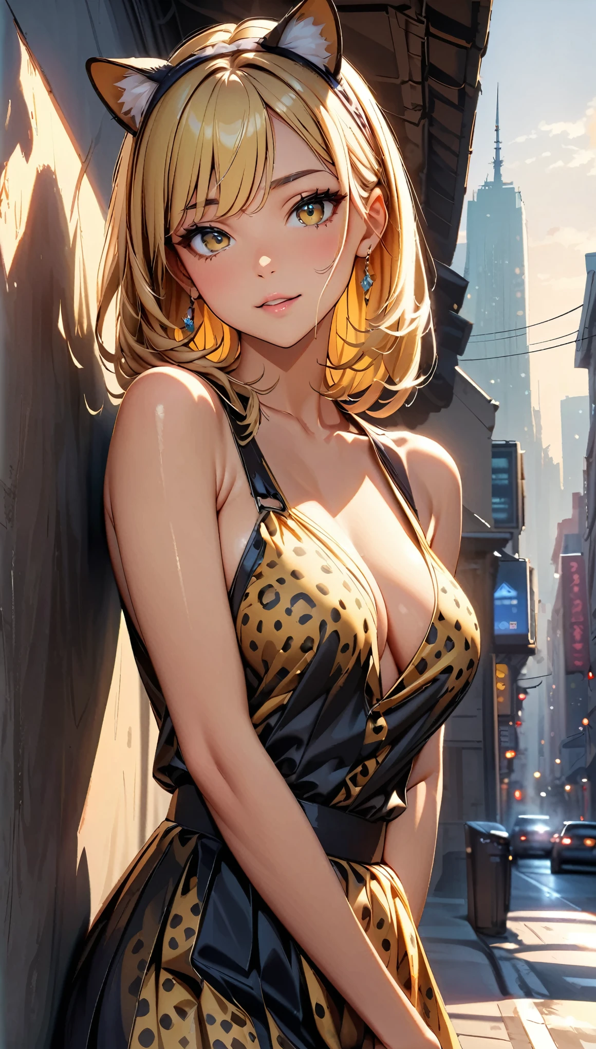 (Highest quality:1.2, High Detail, masterpiece:1.2, Best aesthetics), (1 girl), Beautiful woman, Cheetah Girl:1.2, Beautiful detailed eyes, Beautiful detailed lips, Highly detailed face, Detailed Fashion, elegant, luxury, High quality fabric, Shine, Shine, Leaning against a wall, Gaze lustfully at the viewer, Downtown, ((Cheetah Headband, Yellow and black polka dot dress:1.4, Obscene)), Cowboy Shot, Dramatic lighting, Cinematic, Bright colors, Intricate details, Chiaroscuro lighting.