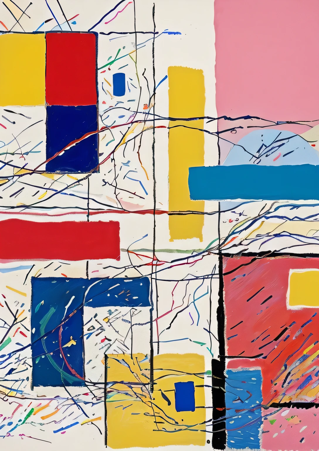 Help me generate a(Kandinsky、Mondrian、Twombly、Picasso)style,Layered,A work with a sense of space,Abstract Art,Constructivism,The colors should not be too bright,Low purity,No characters,No scenery,Low saturation,Don’t use bright colors,Be abstract,Has a sense of space