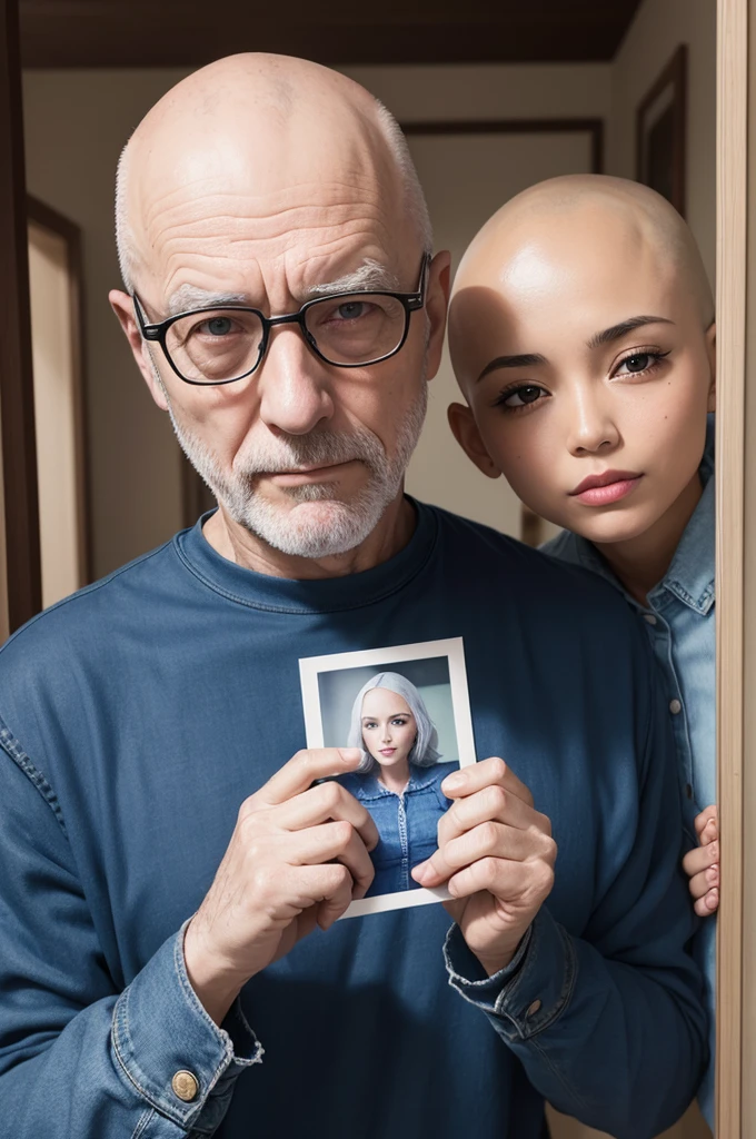 Bald elderly man looking at photo holding an image of Our Lady in his hands, with a blue shirt and jeans 