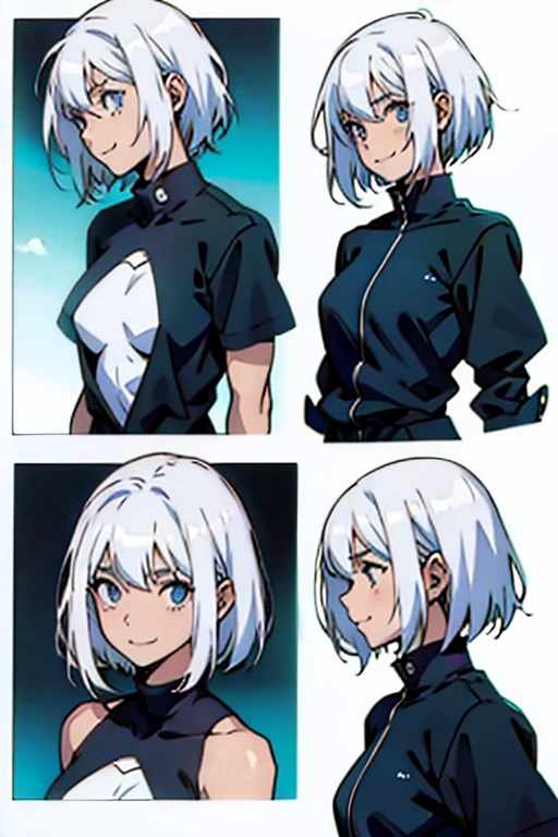 Girl with short white hair small and really skinny, smiling weakly , manga page with panels and dialogue  