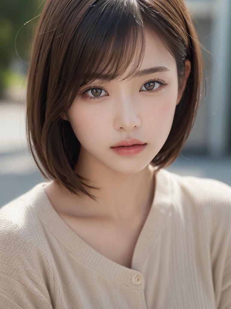 ((Browsing Caution))、(masterpiece:1.5)、(8K)、(Photorealistic:1.5)、Raw photo、(Best image quality:1.4)、(Sharp focus:1.5)、 Highest quality、masterpiece、Ultra-high resolution、Perfect dynamic composition、 20-year-old、thin、Beautiful woman:1.4、Serious expression、 Wearing black knitwear、 Light brown hair、Bobcut、Shiny Hair、 Super detailed face、Detailed eyes、double eyelid、 Natural color lip、Clear Skin、