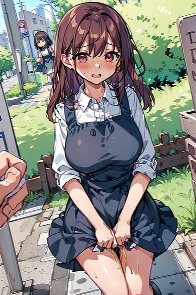 (8K, ultra-detailed, best quality, anatomically perfect body,perfect eye), (full body), (huge breast:1.3), shiny skin, (Various girls), bladder full tank, (have to pee:1.1), (urge to pee:1.4), (only one person peeing self:1.1), peeing on the bottle pressed against my crotch, Pee flowing in the thighs, (very desperate to pee:1.2), (takes to bathroom), (waiting for bathroom with line of girls in queue), standing, (Each one has a different maxi pinafore dress:1.4), petticoat, (Each one has a different long boots:1.1), (Each one has a different hair), (knees together and feet apart:1.3), (Rub each other's thighs:1.3), (leaning backward:1.3), one hand between legs, skirt lift front, (holding the crotch:1.4), (stroking own abdomen:0.9), (stroking one's own thighs:1.1), (orgasm:1.25), (blush:1.4), (embarrassment1.6), (impatience:1.3), (flustered:1.3), (fidgeting around), (flowing sweat), (erotic body twist:1.2), (panting:1.4), (breathless:1.3),  (parted lips:0.7), (refreshing:1.2), (Dazed:1.1), (Sexual excitement), (looking away), (crisis:1.4), (from side:0.7), (from below:0.9), (dramatic angle:1.3), huge breasts