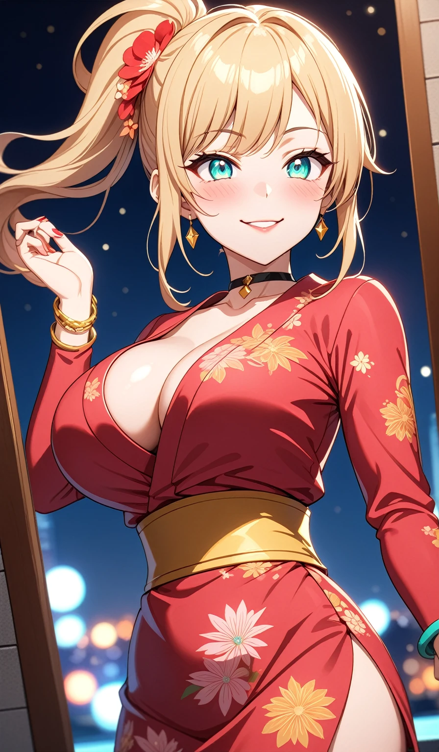 ((One personの女性)), Beautiful Face, ((Looking Outside:1.8)),Laugh shyly,((Wink:1.8)),Laugh with your mouth wide open((Bright red cheeks:1.4)),Glossy pink lips,night,rooftop,Festive decorations,You can see the ocean, firework,Laughing with your mouth open,Glossy pink lips,Facial lighting,((Anime style background)),masterpiece, Highest quality, so beautiful,up to date, Complex details, (Pink long nails),(ring),(bracelet),(choker),AI-generated, Complex,High resolution, Highest quality, super high quality,3D Images、3D Images,One person,Long blonde hair,High Ponytail,(Turquoise Eyes),Anime woman posing for a photo, ((fine grain、Colorful eyes、Shining Eyes:1.4)),(Squint your eyes:1.1),a hyperRealistic , hyperRealistic , Realistic,Anime woman with long white hair, Smooth anime CG art, A woman in a colorful kimono with gold embroidery, (Pink long-sleeved kimono),Red floral pattern,Long flower hair ornament,big floral earrings,Mature Body,(Big Breasts:1.1),expensive,Abdominal muscles,Tight waist,(Zoom in on face:1.6),Shooting from diagonally below