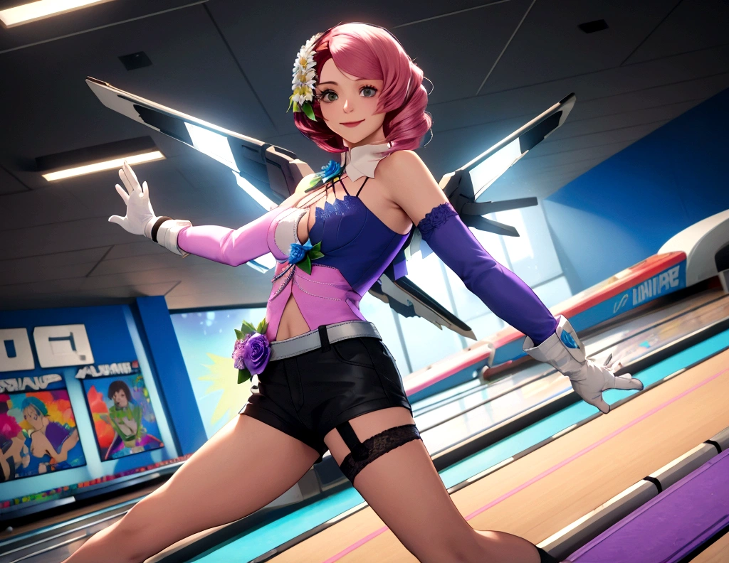 alisab, multicolored hair, hair flower, dress, cleavage, detached sleeves, white gloves, short shorts, asymmetrical legwear, mechanical wings masterpiece, best quality, absurdres, 1girl, smile, bowling alley, bowling, hands behind back