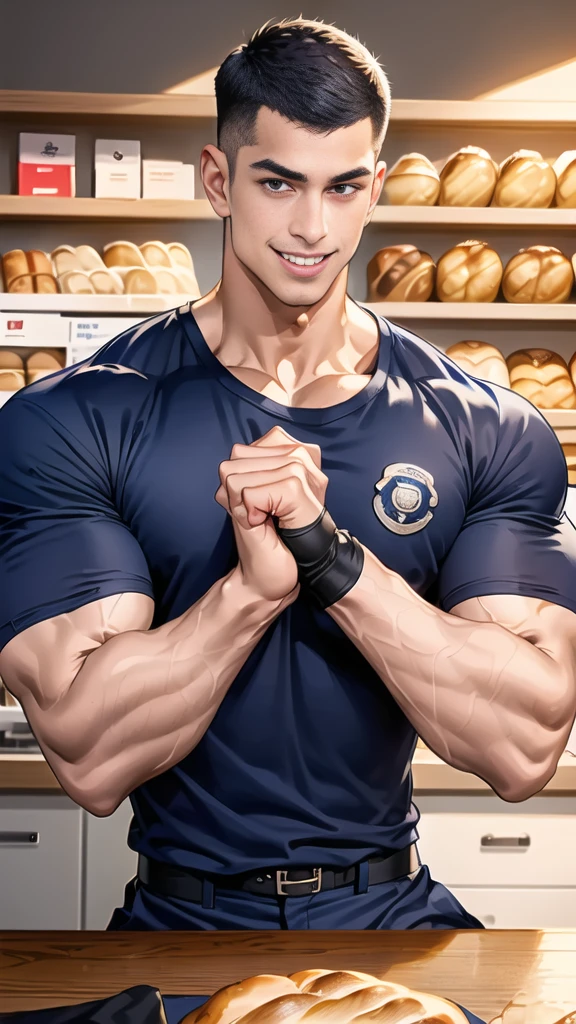(NSFW: 1.5), (handsome Man sitting on table eating bread ),(crew cut short hair:1.8),black eye,(Wear a fitted round neck t-shirt in navy with a police badge.:1.5),(fit neck),Navy blue jeans,(black_gloves:1.2), Korean guy,chest muscles,large arm muscles,blood vessel,Big muscles,Broad shoulders, (open mouth:1.2),(face up:1.2),(open eyes:1.5), middle of the road,smile, In the bread shop,