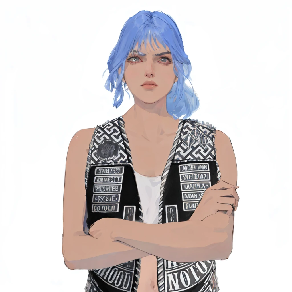 (masterpiece:1.2, best quality), (1girl, solo, upper body:1.2),flat face,Hair: buzz cut, Clothing: oversized, distressed denim jacket with patches and pins, paired with black skinny jeans and combat boots, Hanging out in an underground music venue or street art exhibit