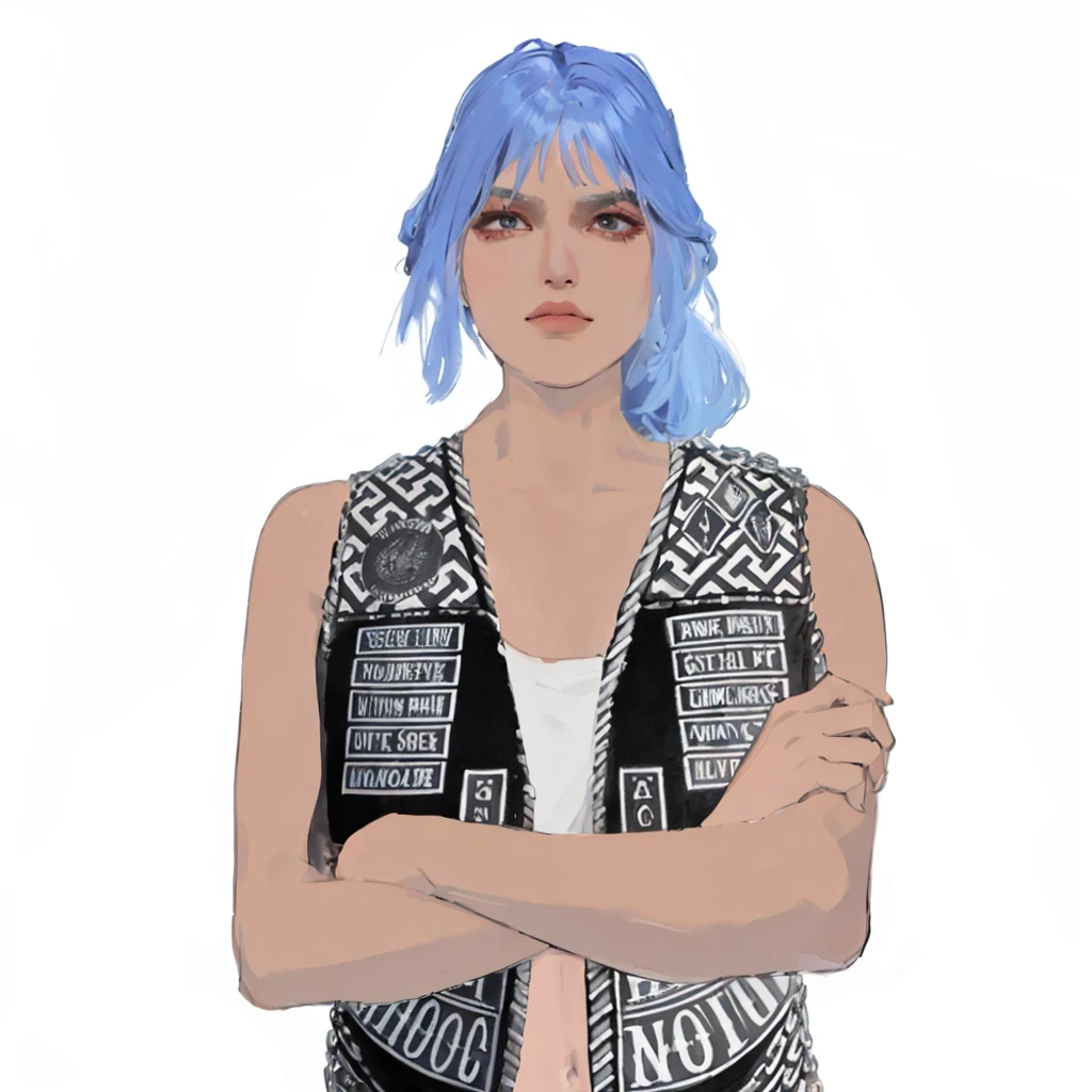 (masterpiece:1.2, best quality), (1girl, solo, upper body:1.2),flat face,Hair: buzz cut, Clothing: oversized, distressed denim jacket with patches and pins, paired with black skinny jeans and combat boots, Hanging out in an underground music venue or street art exhibit