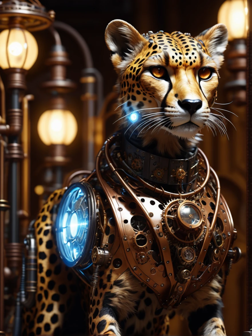 Look through the translucent body of the steampunk cheetah，There are beautiful lights inside，Detailed and realistic，8K  UHD，high quality