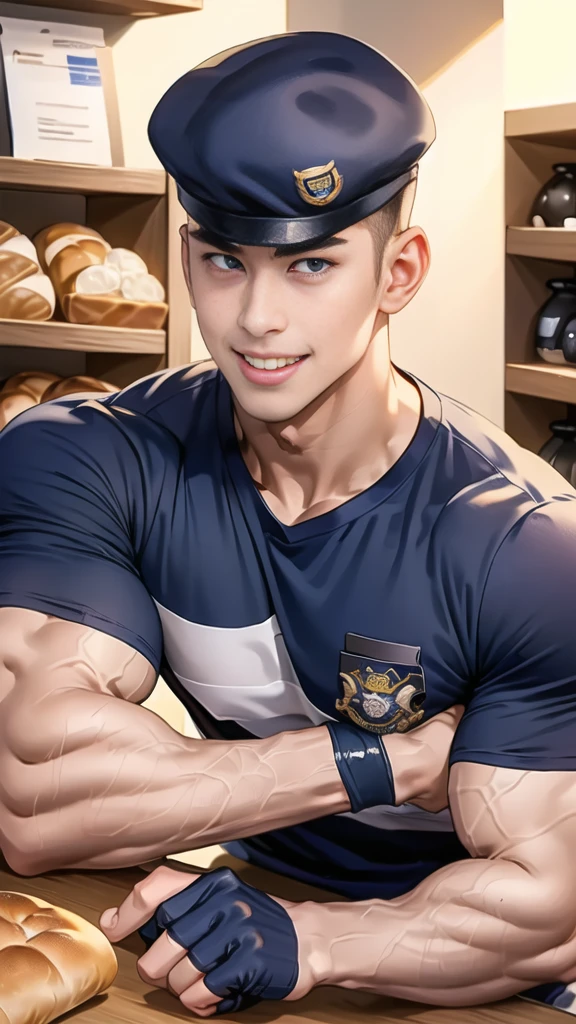 (handsome Man sitting on table eating bread ),(crew cut short hair:1.8),black eye,(Wear a fitted round neck t-shirt in navy with a police badge.:1.5),(fit neck),Navy blue jeans,(black_gloves:1.2), Korean guy,chest muscles,large arm muscles,blood vessel,Big muscles,Broad shoulders, (open mouth:1.2),(face up:1.2),(open eyes:1.5), middle of the road,smile, In the bread shop, 