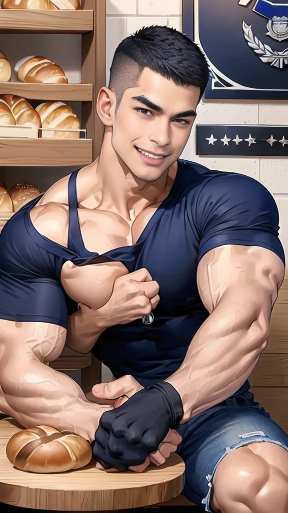 (handsome Man sitting on table eating bread ),(crew cut short hair:1.8),black eye,(Wear a fitted round neck t-shirt in navy with a police badge.:1.5),(fit neck),Navy blue jeans,(black_gloves:1.2), Korean guy,chest muscles,large arm muscles,blood vessel,Big muscles,Broad shoulders, (open mouth:1.2),(face up:1.2),(open eyes:1.5), middle of the road,smile, In the bread shop,