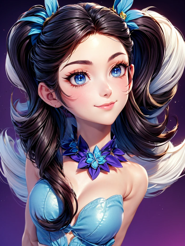 A young, fair-skinned woman with with long dark hair and blue eyes.
wearing a floral headpiece and vibrant makeup.
She has a warm, friendly smile.
set against a colorful abstract background