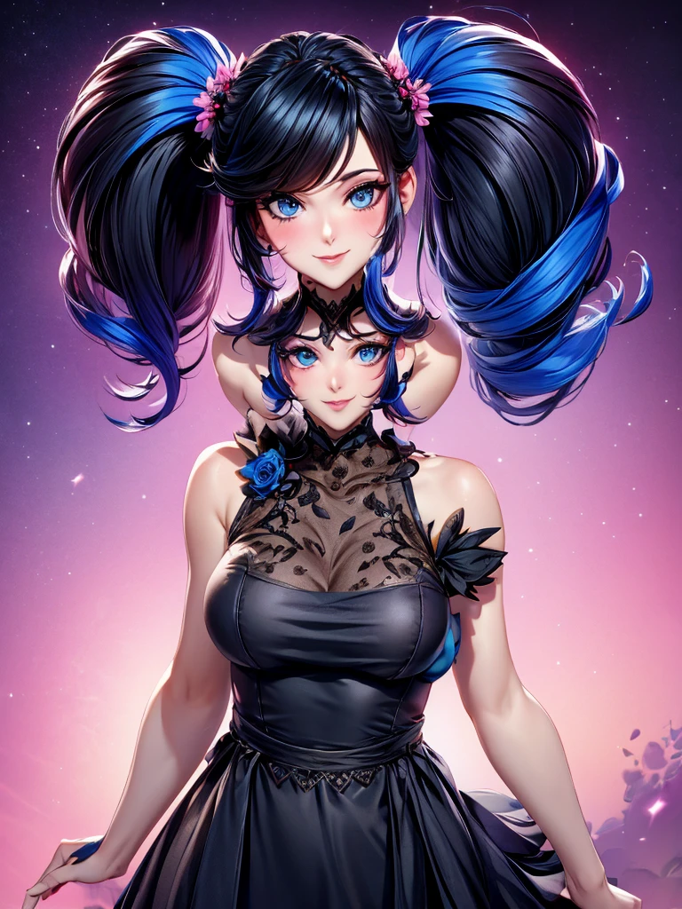 A young, fair-skinned woman with  with long dark hair and blue eyes. 
wearing  a floral headpiece and vibrant makeup.
She has a warm, friendly smile.
set against a colorful abstract background