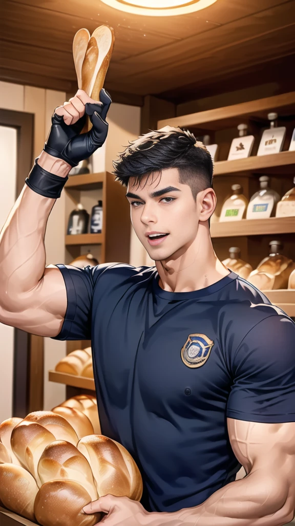 (handsome Man),(crew cut short hair:1.8),black eye,(Wear a fitted round neck t-shirt in navy with a police badge.:1.5),(fit neck),Navy blue jeans,(black_gloves:1.2), Korean guy,chest muscles,large arm muscles,blood vessel,Big muscles,Broad shoulders, (open mouth:1.2),(face up:1.2),(open eyes:1.5), middle of the road,smile, In the bread shop, (bread in hand)