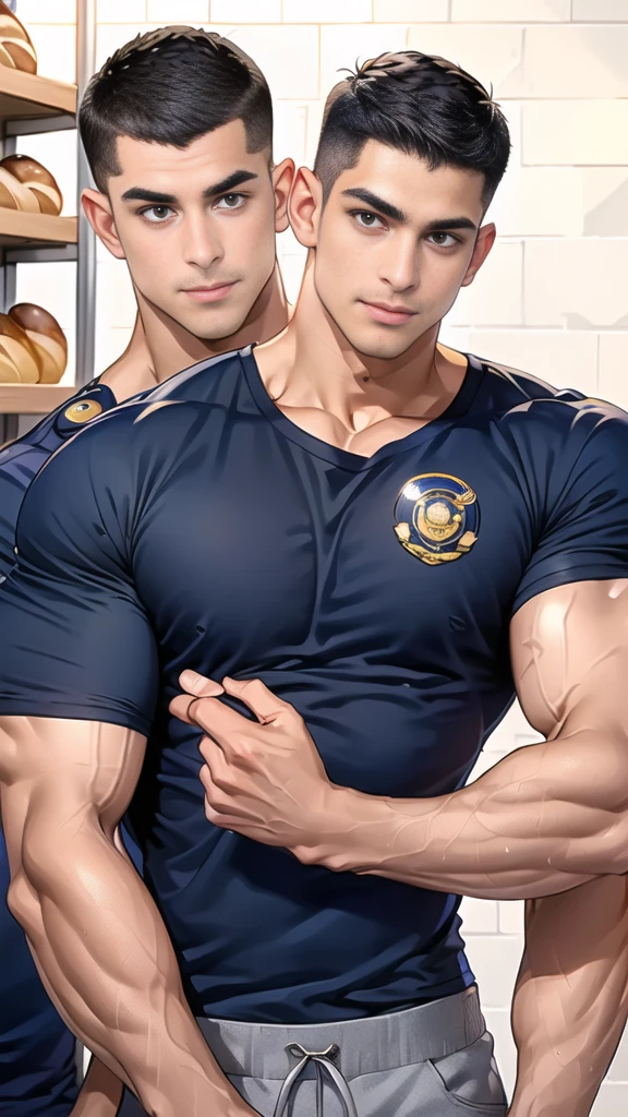 (handsome Man),(crew cut short hair:1.8),black eye,(Wear a fitted round neck t-shirt in navy with a police badge.:1.5),(fit neck),Navy blue jeans,(black_gloves:1.2), Korean guy,chest muscles,large arm muscles,blood vessel,Big muscles,Broad shoulders, (open mouth:1.2),(face up:1.2),(open eyes:1.5), middle of the road,smile, In the bread shop, (bread in hand)