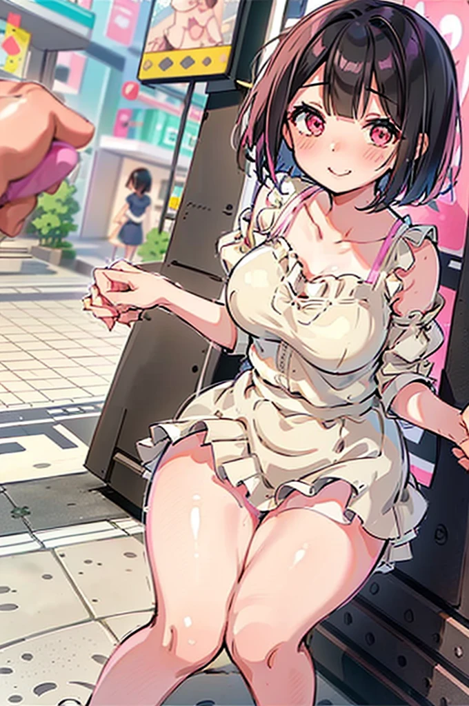 4K,One Girl, MS. end,thin,Very short stature,Very thin thighs,Blunt bangs,Short dress shirt, Half sleeves,Red Suspender Mini Skirt,blush, smile, Bobcut, Black Hair,Vibrant colors, ahegao,A lot of love juice drips down her thighs onto the floor,(remote_play)),remote-vibrating-egg,((Someone else's hand holding a pink round remote control:1.3))、Ecstatic expression,Accurate and detailed female fingers,nsfw,blush,Bitch,masterpiece,12yo,pussy juice