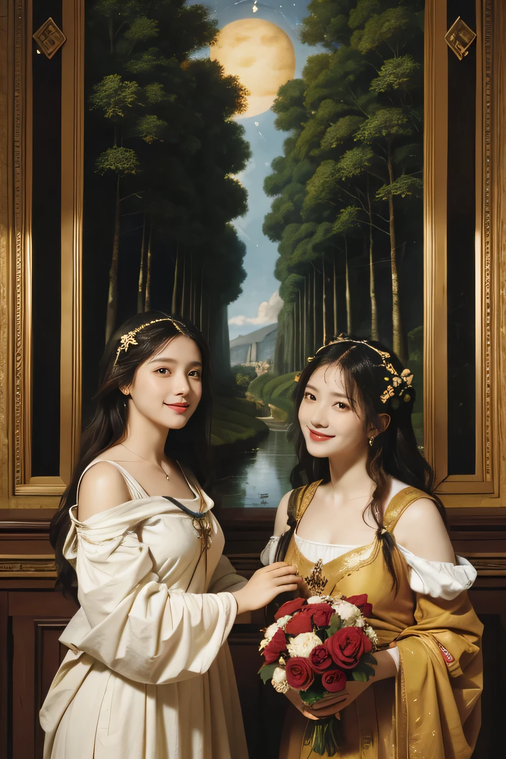 Giorgione painting style,Arguments of two female Philosophe,math、astronomical machine、astronaut、roses in vase、fruits、Cute trinkets、smile、ancient greek costume、Background is a forest lake at night 、Clothes that stretch your shoulders、A big smile