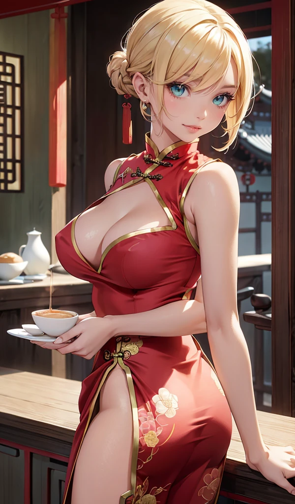 Please follow all prompts below exactly and faithfully. This is a breathtaking masterpiece of digital illustration, with maximum resolution, UHD, 512K, 2160p, 10 million ppi, 300 million dpi, natural color tones, ultra sharp details, perfect outlines with contrast, **most realistic skin and hair textures**, most beautiful detailed eye features, perfect anatomically correct human body, beautiful background with depth, rule of thirds, depth of field, Maximize all element is used to its full potential to create the best digital illustrations, looking back, from behind, 1woman, sexy:1.5, beautiful face sharp, elegant woman, perfect body style, slender, beautiful big breasts, green eyes, blonde hair, hair over one eye, short hair, glossy very thick lips:0.7, pink lipstick:0.7, smile, (Chinese clothes:1.5), ultra miniskirt:1.3, neckless:1.5, earring, bracelet, (open cafe:1.5),