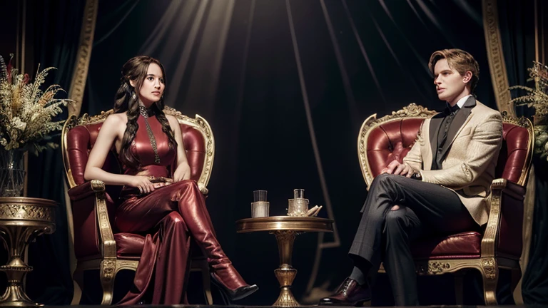 "Katniss Everdeen and Peeta Mellark being interviewed in the Capitol. The scene is set on an extravagant stage with lavish decorations, bright lights, and a large, enthusiastic audience dressed in flamboyant and colorful attire. Katniss and Peeta are seated in elegant chairs, looking polished and composed. The host, dressed in an opulent and flamboyant outfit, is engaging them with charismatic gestures. In the background, large screens display their images and dramatic visuals of the Games. The atmosphere is one of spectacle and manipulation, highlighting the contrast between the superficial glamour of the Capitol and the underlying grim reality of the Games."