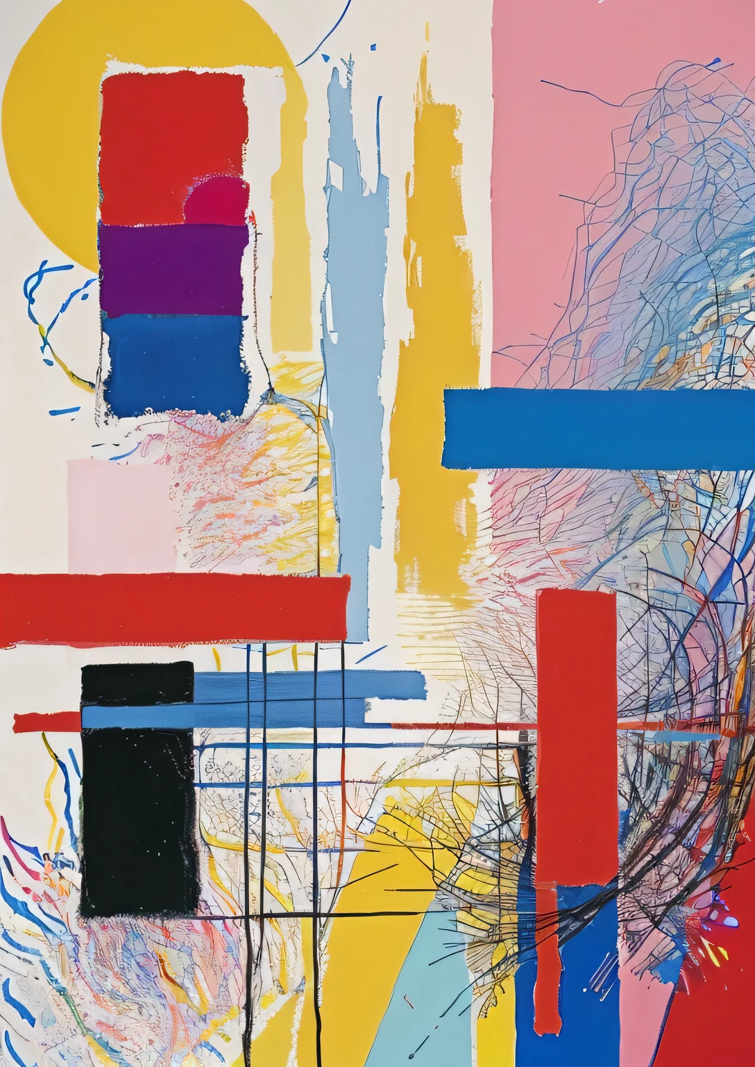 Help me generate a(Kandinsky、Mondrian、Twombly、Picasso)style,Layered,A work with a sense of space,Abstract Art,Constructivism,The colors should not be too bright,Low purity,No characters,No scenery,Low saturation,Don’t use bright colors,Be abstract,Strong sense of space,Rich graphics,Low saturation,Middle Notes