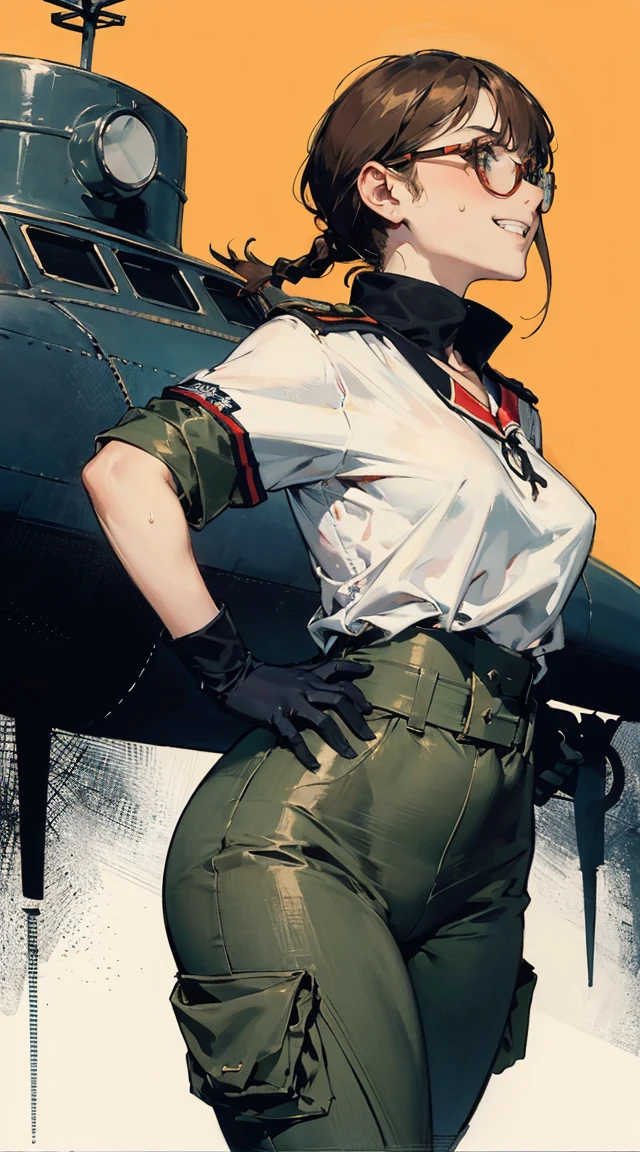 ((Table t○p, highest quality, Hi-Res Lucifer,Anime Screen Capture、Pixel Perfect, 8k、Browsing Caution、)))、Perfect 、Miyu Kato、(((Maintenance Staff、Chubby、、Wide 、Wide 、Thick thighs、Being restrained、Hands on )))、(((short hair、Long sideburns、Single Braid Ponytail、Brown Hair)))、(((White T-shirt、Green Cargo Pants)))、Black baseball cap、Brown gloves、Sweat,(Green Eyes)、 ((Grin、blush))、(Dark Concrete Floor)　　Anime girl with a baseball bat and helmet, :14 Frankl + jet radio, :14 Frankl + Akira, Pilot Girl, flkl, mechanized valkyrie girl, Jet Set Radio Station, jet dial radio, Akira artstyle, Akira moto, Impressive and detailed art style, Kauchert Kents, portrait anime space cadet girl, headquarters, profile, orange background，((13 year old girl)), (((slim, thin waist, thin thighs, thin arms)))  Modest outfit, remote shot, detailed beautiful delicate face, detailed beautiful delicate eyes, perfect  proportions, high-definition skin, fine skin, four-inch best ratio. With one thumb, a masterpiece, highly detailed, realistic, (World War II German general uniform reference : 1.8), the highest face resolution, adult, modestly dressed woman, dressed entirely, ( small, black hair, black straight bangs, super fine braids, straight bangs, red glasses, dark green eyes), future, science fiction, fighter plane, standing On the landing of a fighter plane, the government agency, a deep intelligent personality, a calm expression, a respectful face, a war, a fighter plane  (La mejor calidad:1.1), (Obra maestra:1.4), (absurdos:1.0), retrato, primer plano,1girl, Marinero Urano, KizukiAi, Mujer madura, small , aqua eyes, cabello rubio, Uniforme Sailor Senshi, Collar de marinero, arco de pecho, Arco trasero, Falda suplicante, Guantes blancos de codo, Acostado boca abajo, en el suelo, con el trasero en alto, mostrando el  de espaldas, without looking back