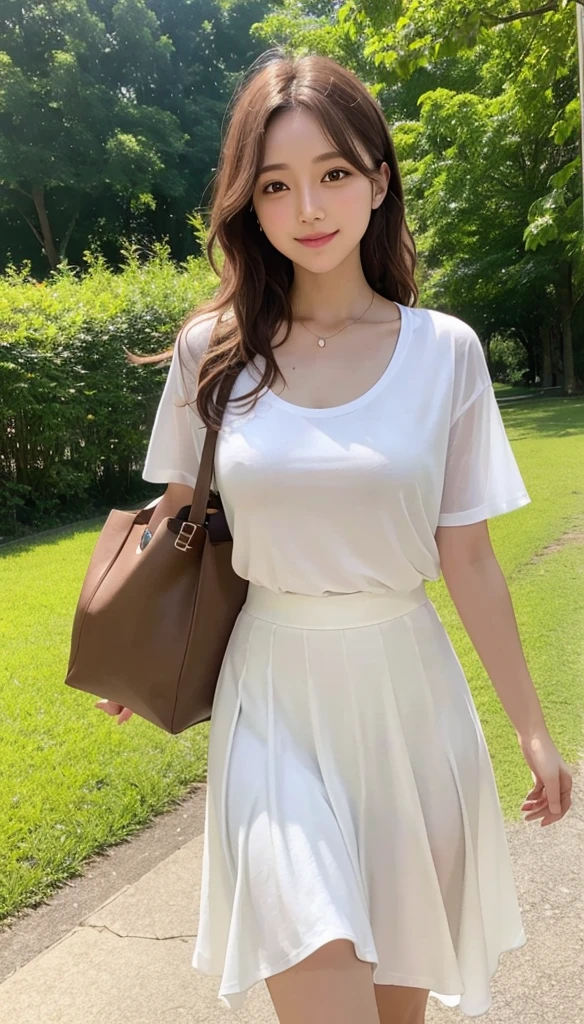 high resolution、Transparency、Woman in white t-shirt、Brown Hair、Curly Hair、Walking alone in the park in a white flared skirt、The mouth is smiling