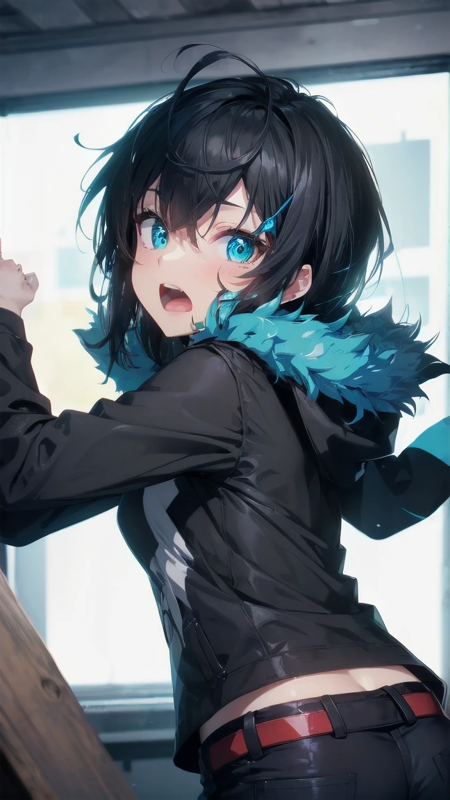 Close-up of a cartoon girl with blue hair and a yellow shirt, 2D Animation, 2D Animation style, 2D Art, 2D Art, 2D from Gorillaz, 2D from Gorillaz, 2D Gorillaz, Screaming Cerket, 2D Sprites, Jinx Face, short hair, Small breasts, hot pants, ((Black Hair, Bright blue fur inside:1.4))