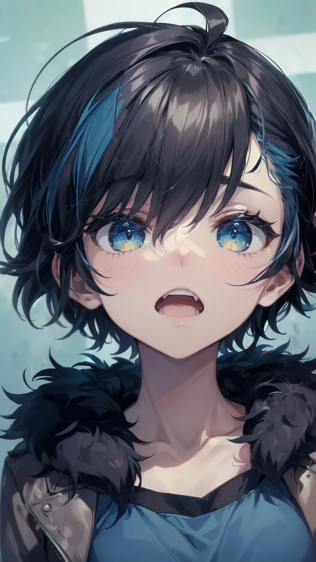 Close-up of a cartoon girl with blue hair and a yellow shirt, 2D Animation, 2D Animation style, 2D Art, 2D Art, 2D from Gorillaz, 2D from Gorillaz, 2D Gorillaz, Screaming Cerket, 2D Sprites, Jinx Face, short hair, Small breasts, hot pants, ((Black Hair, Bright blue fur inside:1.4))
